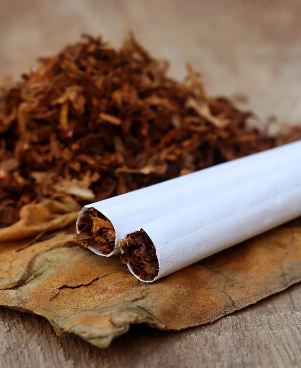 Cut tobacco, a dried tobacco leaf and two cigarettes