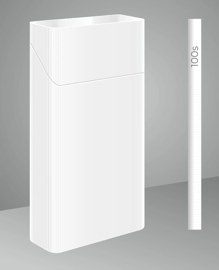 Blank 100's pack beside a single long cigarette